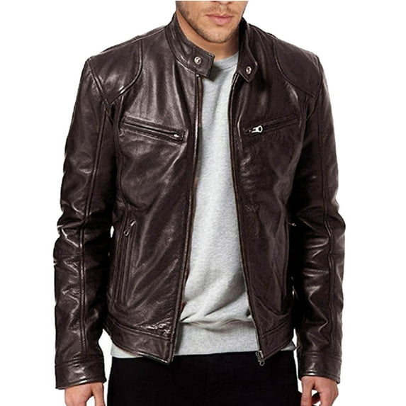 Cllios Leather Jacket for Men Vintage Motorcycle Jacket Full Zip Up Stand Collar Outerwear Fall Lightweight Sports Biker Jacket Black/Brown S-5XL