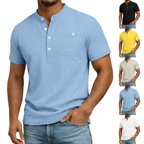 Cllios Linen Shirts for Men Casual Short Sleeve Tees Loose Fit Round Neck Tops Basic Athletic Sport Plain Button Up Shirts S-3XL
