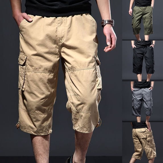 Cllios Men's Cargo Capris Big and Tall Outdoor Casual Trousers Work Pants Elastic Waist Running Travel Baggy 3/4 Pant with Multi Pockets M-5XL