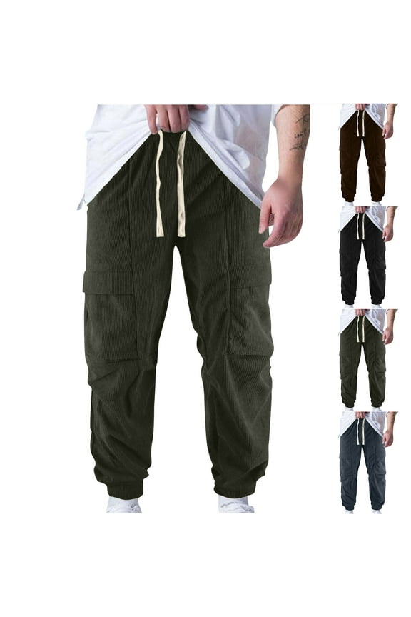 Men's Corduroy Cargo Pants Relaxed Fit Outdoor Casual Trousers Work Pants Drawstring Workout Baggy Cargo Pant with Multi Pockets M-2XL
