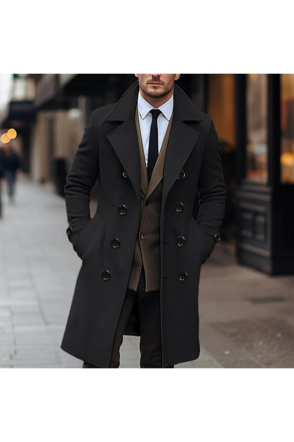 Men's Notch Lapel Overcoat Double Breasted Trench Coat Wool Blend Pea Coat Classic Mid-Length Jacket Winter Warm Fashion Windproof Outdoor Outerwear