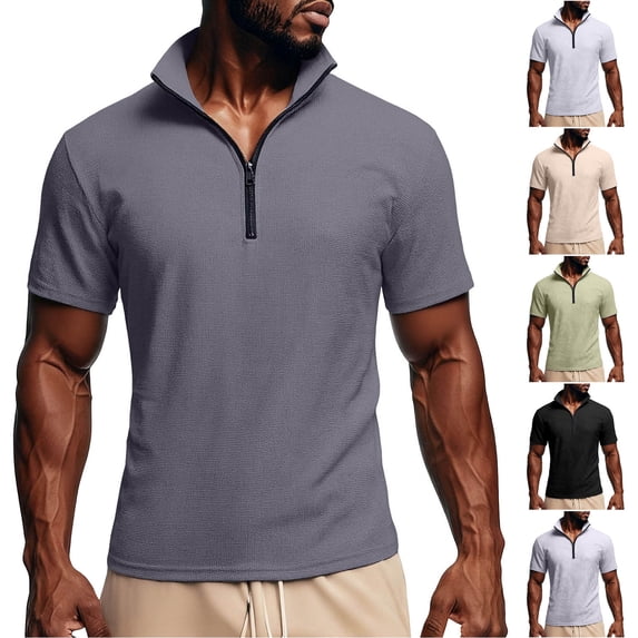 Cllios Men's Waffle T Shirts Summer Short Sleeve Tees Classic Fit Round Neck Tops Soft Work Sport Solid Color Zip Up Shirts S-3XL
