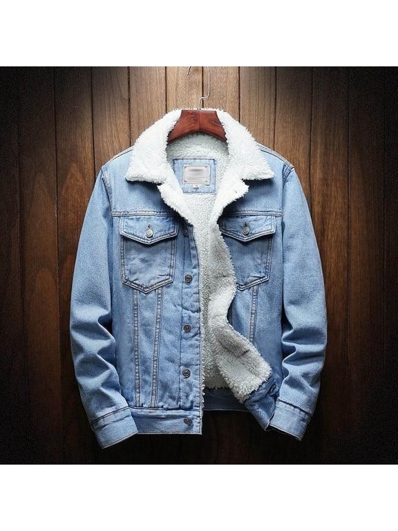 Mens Denim Jacket Sherpa Lined Jean Jacket Button Down Lapel Jacket Winter Thick Truker Jacket Warm Fleece Cowboy Coat Single Breasted Outwear with Pockets