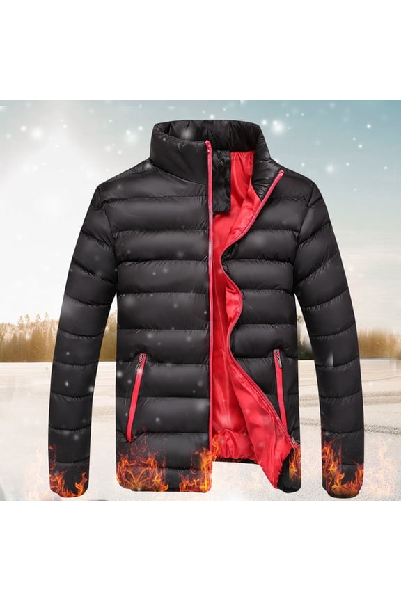 Mens Winter Down Jacket Full Zip Up Puffer Jacket Stand Collar Quilted Jackets Winter Warm Padded Puffy Coats Windproof Snow Ski Hiking Cotton Coat
