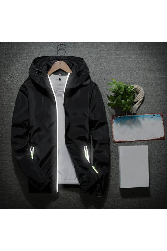 Rain Jacket for Men Lightweight Waterproof Windbreaker Reflective Zip Up Hoodies Outdoor Hiking Travel Sports Raincoat with Zipper Pockets M-7XL