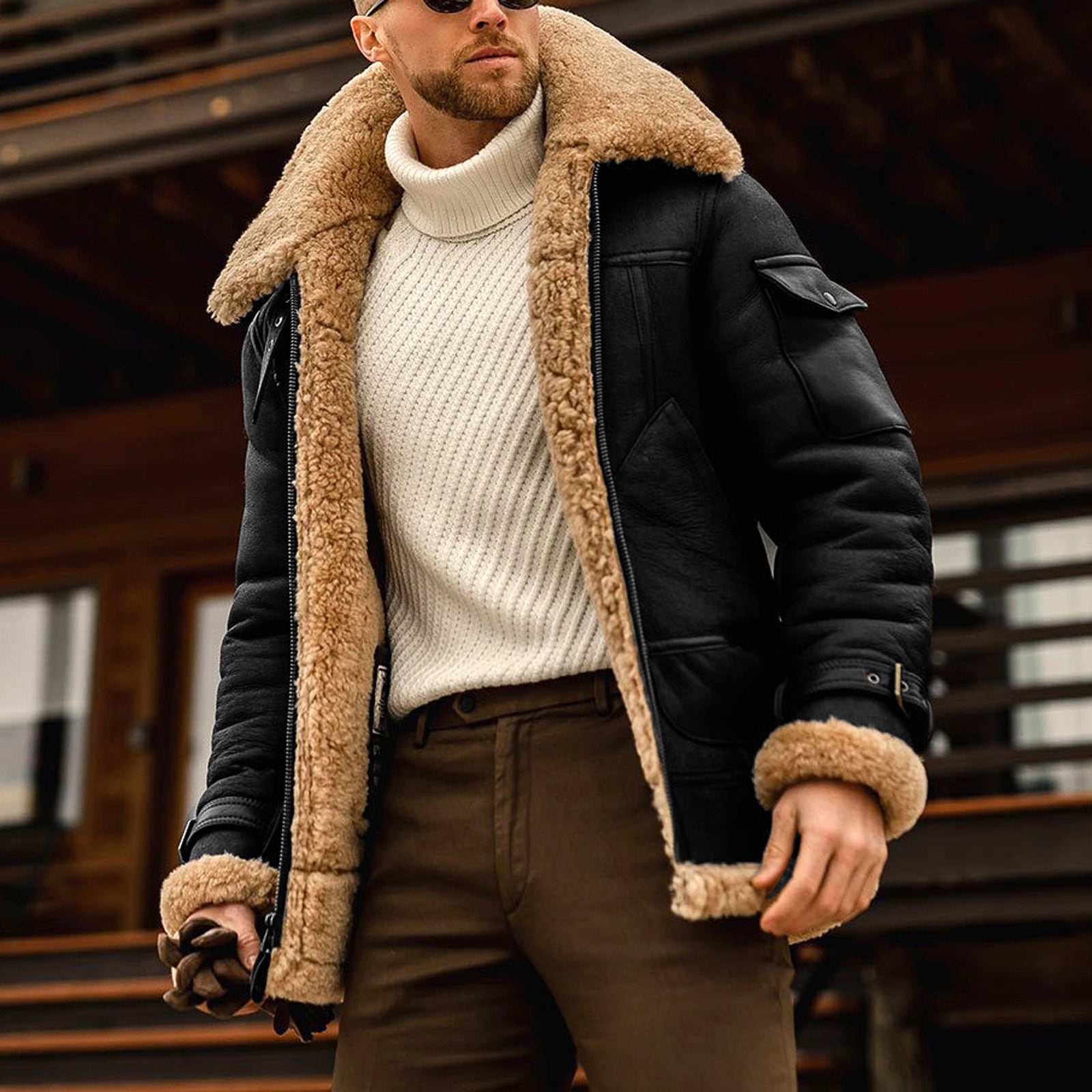 Cllios Sherpa Lined Jacket for Men Faux Leather Jacket Turndown Collar Faux Suede Bomber Jacket Winter Warm Shearling Outerwear Plus Size Full Zip Up Coat