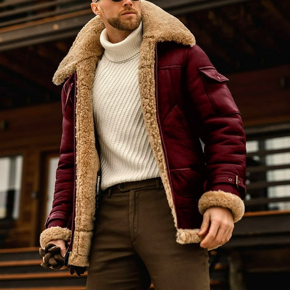 Cllios Sherpa Lined Jacket for Men Faux Leather Jacket Turndown Collar Faux Suede Bomber Jacket Winter Warm Shearling Outerwear Plus Size Full Zip Up Coat