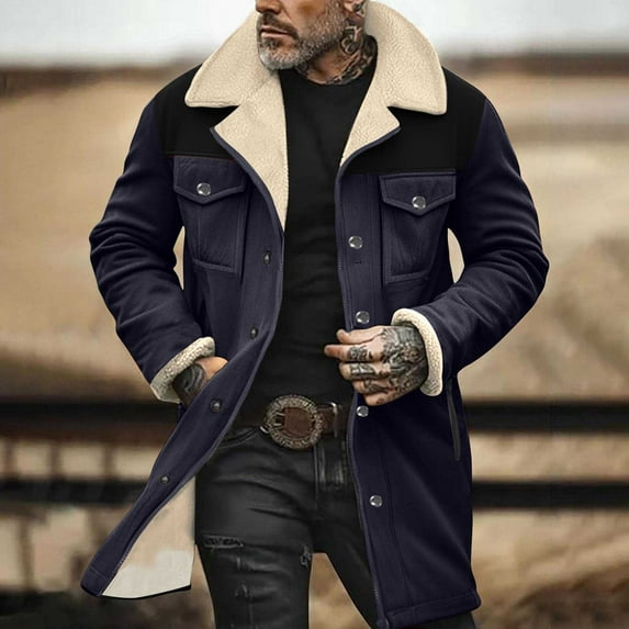 Cllios Suede Jacket for Men Warm Sherpa Lined Jacket Button Down Notched Lapel Trench Coat with Multiple Pockets Overesized Thick Fleece Trucker Jacket