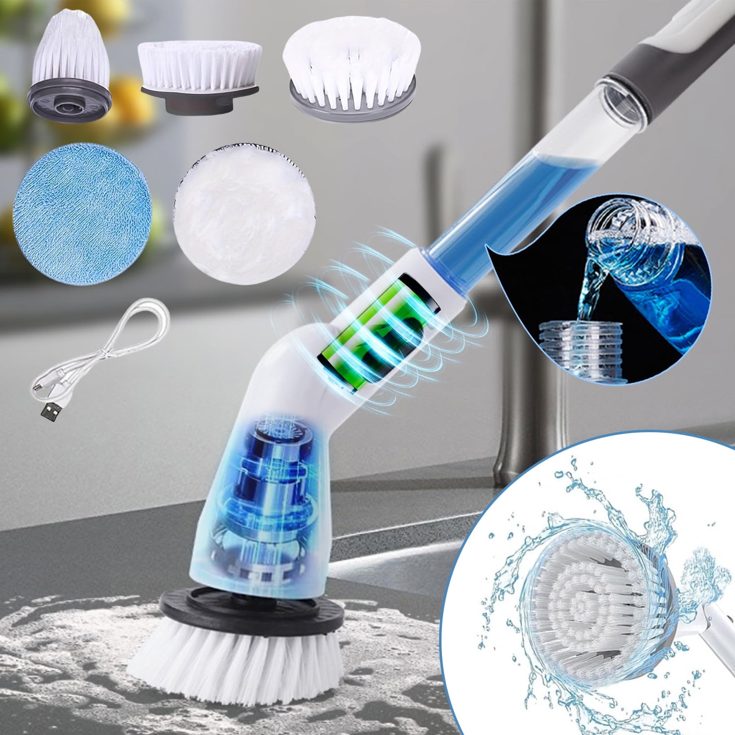 Electric Spin Scrubber,ClnEZ  Cordless Shower Scrub Brush with 6 Replaceable Brush Heads - Cordless Bathroom and Kitchen Cleaner