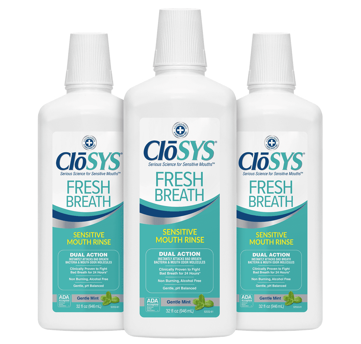 CloSYS Fresh Breath Sensitive Mouthwash, Gentle Mint, Alcohol Free, Dye Free, pH Balanced, Helps Soothe Entire Mouth, Fights Bad Breath - 32 Oz (Pack of 3)