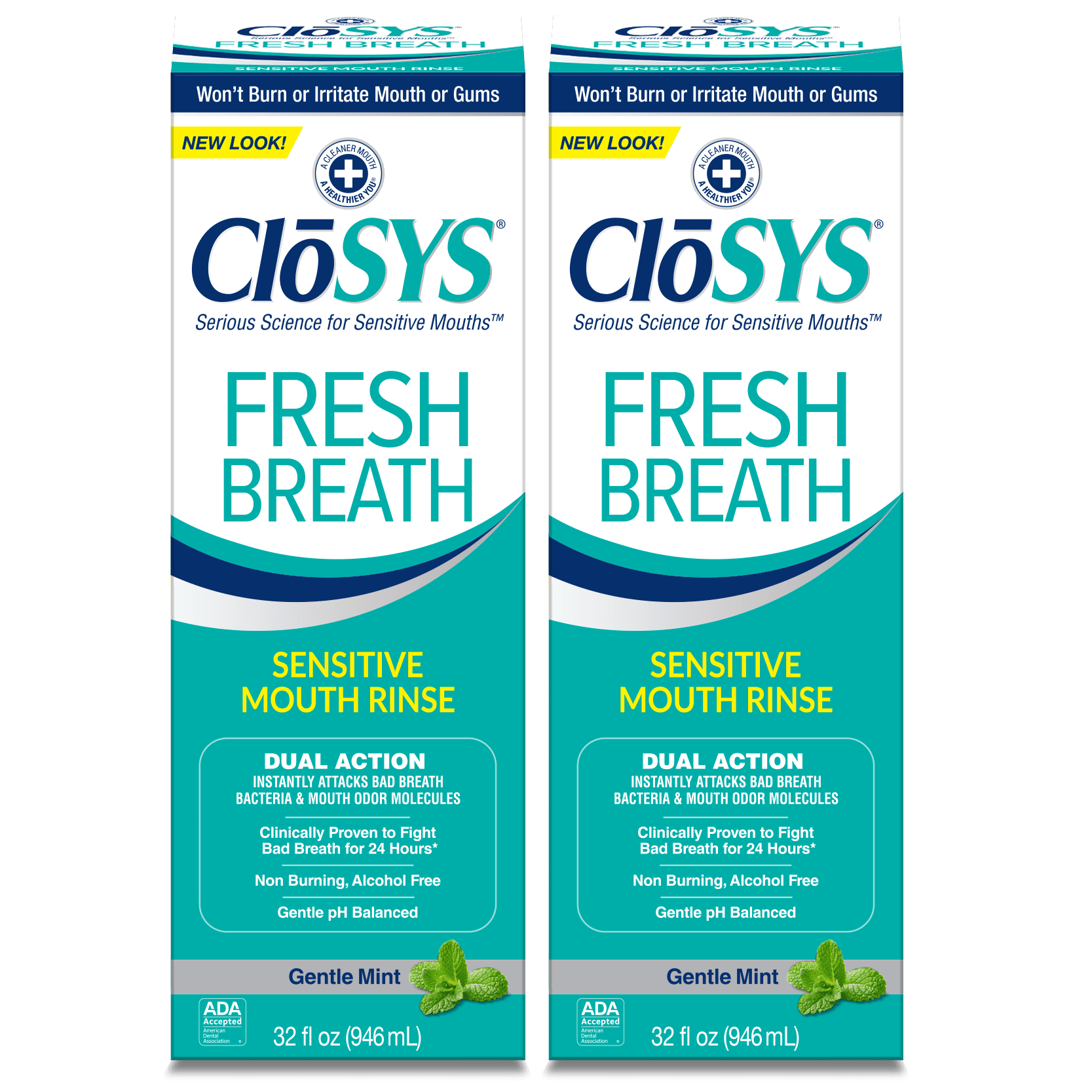 CloSYS Sensitive Mouthwash 32 oz, 2 Pack, Gentle Mint, Alcohol & Dye Free, Soothes Sensitivity
