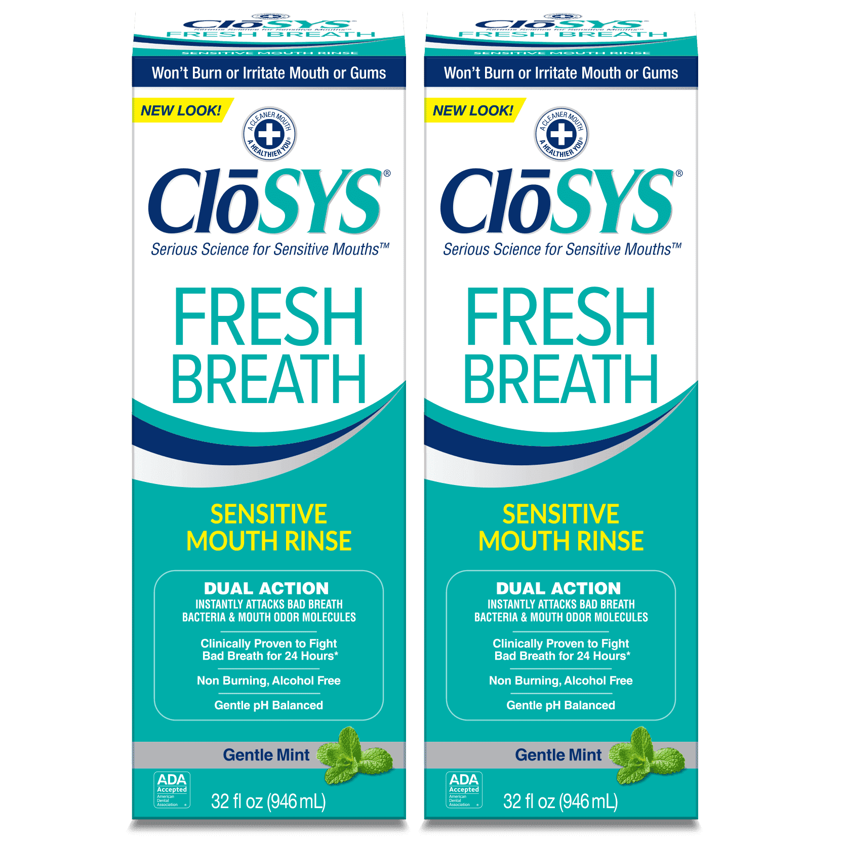 CloSYS Sensitive Mouthwash, 32 Ounce, 2 Count, Gentle Mint, Alcohol Free, Dye Free, pH Balanced, Helps Soothe Mouth Sensitivity, Fights Bad Breath
