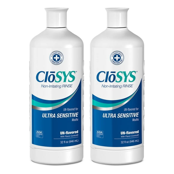 CloSYS Ultra Sensitive Mouthwash, 32 Ounce (Pack of 2), Unflavored (Optional Flavor Dropper Included), Alcohol Free, Dye Free, pH Balanced, Helps Soothe Entire Mouth