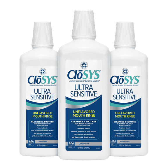 CloSYS Ultra Sensitive Mouthwash, Unflavored Alcohol Free, Dye Free, pH Balanced, Helps Soothe Entire Mouth - 32 Oz (Pack of 3)