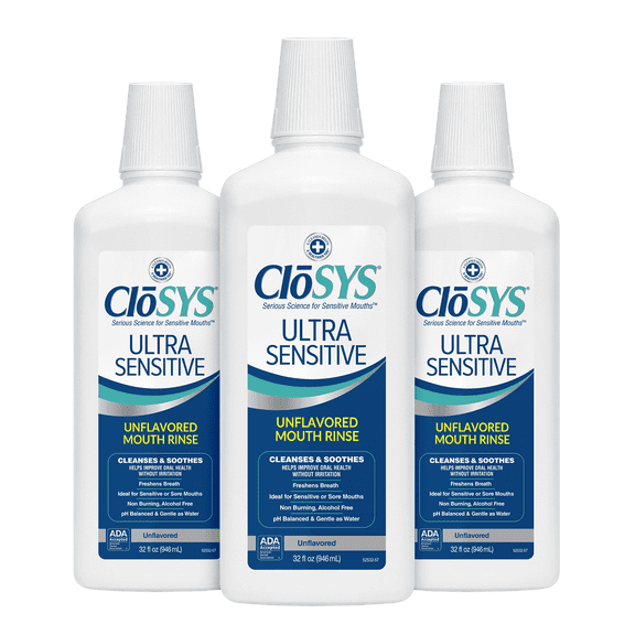 CloSYS Ultra Sensitive Mouthwash, Unflavored Alcohol Free, Dye Free, pH Balanced, Helps Soothe Entire Mouth - 32 Oz (Pack of 3)