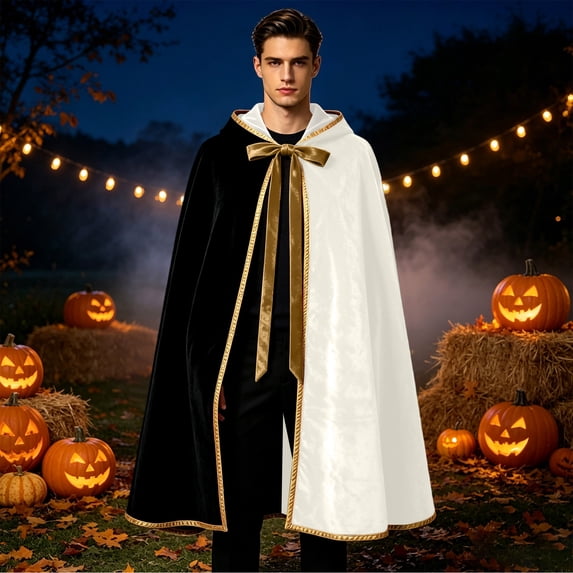 Cloak with Bow Fastening, Elegant Full Length Cape for Themed Gathering, Halloween, Stage Performance, Festival , Fancy Dress and Historical Role Play Activities (Black / White)