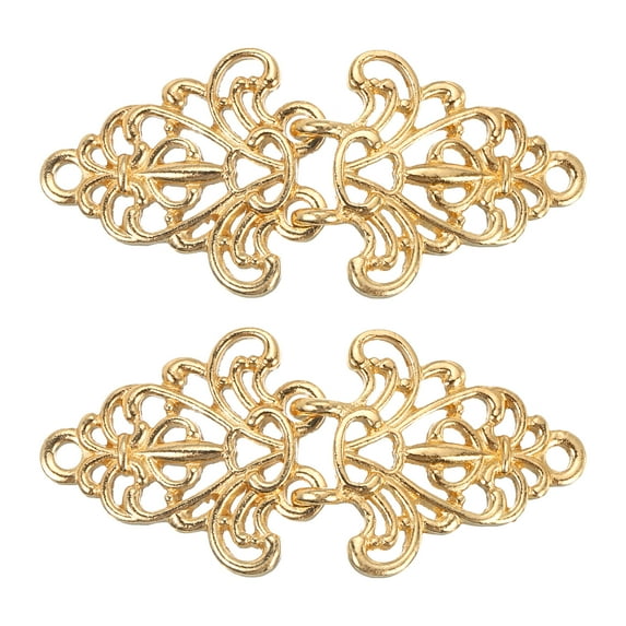 Cloak Clasp 2 Pairs Sew on Hooks and Eyes Vintage Flower Cape Buckle(Gold)