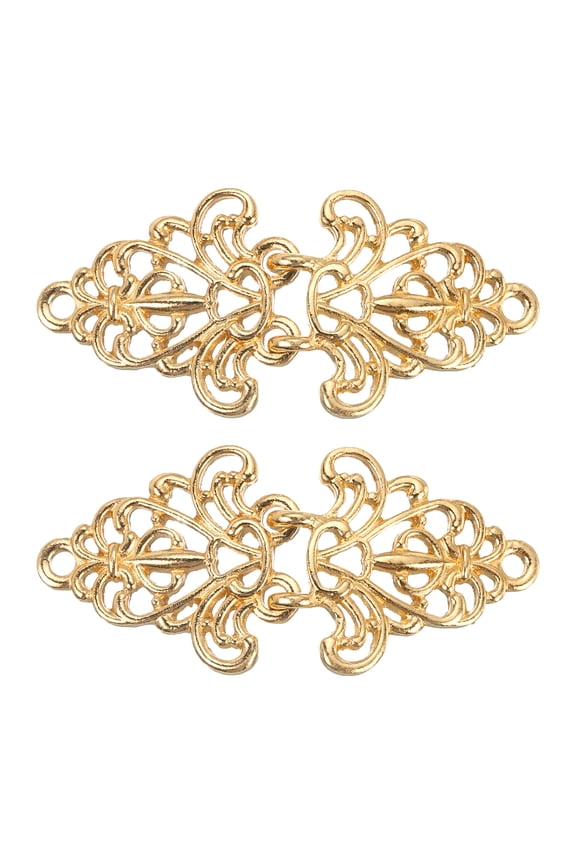 Cloak Clasp 2 Pairs Sew on Hooks and Eyes Vintage Flower Cape Buckle(Gold)