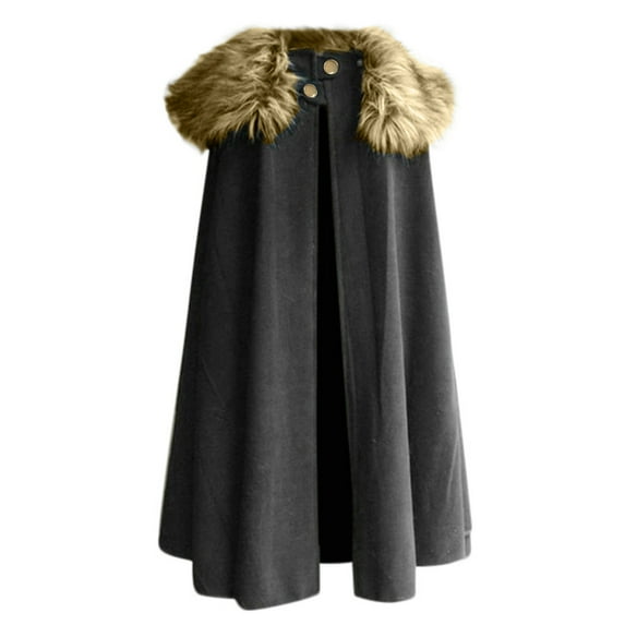 Cloak Coat for Men Winter Warm Gothic Wool Faux Furry Collar Long Hooded Poncho Cape Vintage Style Daily Wear Festival Clothes