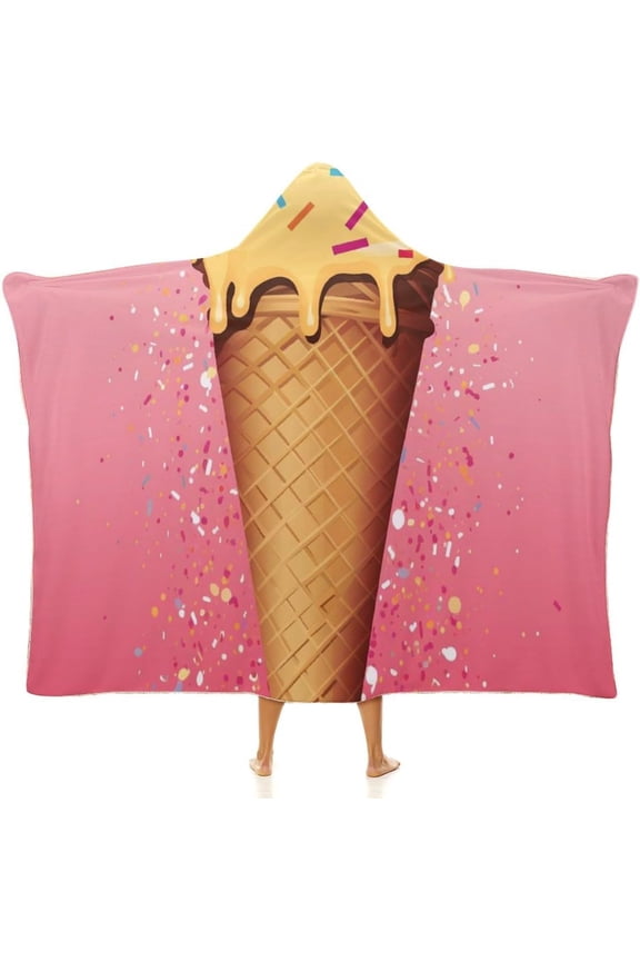 Cloak Hooded Blanket Ice Cream And Waffle Pattern Printed Wearable Hoodie Blanket for Travel Office Sofa