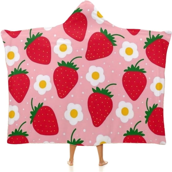 Cloak Hooded Blankets Pink Strawberry Wearable Blanket for Adults Kids for Bed Sofa Bedding
