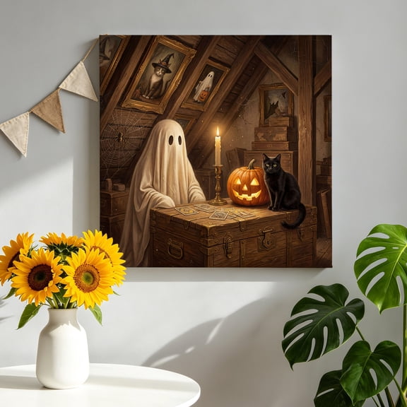 Cloaked Ghost Canvas Wall Art for Living Room, Vintage Black Cat Goth Lit Pumpkin Rustic Attic Poster Print Painting for Bedroom Dining Room Balcony Decoration Wall Pictures Prepare To Hang 10"x10"