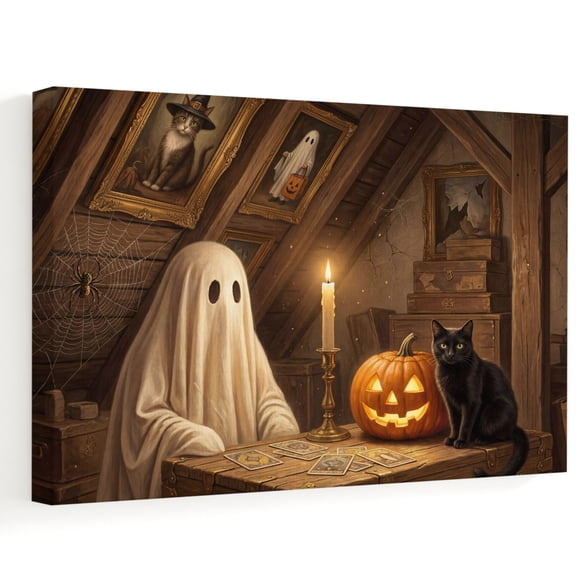 Cloaked Ghost Canvas Wall Art, Vintage Black Cat Goth Lit Pumpkin Rustic Attic Wall Art Prints Artwork Framed Canvas Ready to Hang Art Pictures for Bathroom, Dressing Table, Entryway 12" x 8"