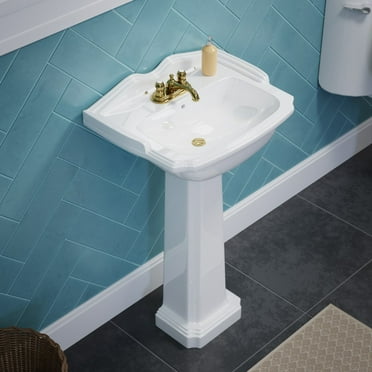 Cloakroom Small Pedestal Bathroom Sink 19" W White Grade A Porcelain Sink w/Overflow and Centerset Faucet Holes Renovators Supply