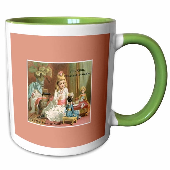 3drose, Cloaks and Dry Goods Girl Playing with Dolls at a Tea Party Bangor, 11oz Two-tone Green Mug