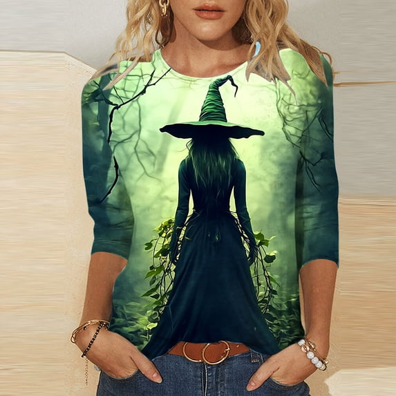 Cloaraye Halloween Shirts for Women Crew Neck 3/4 Sleeve T Shirts Fashion Print Loose Halloween Costumes