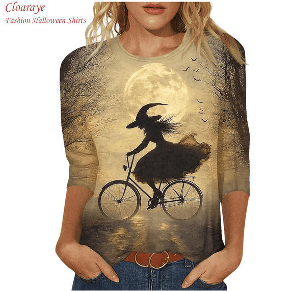 Cloaraye Halloween Tshirts Women, 3/4 Length Sleeve Womens Tops, Fashion Print Crew Neck Halloween Shirts