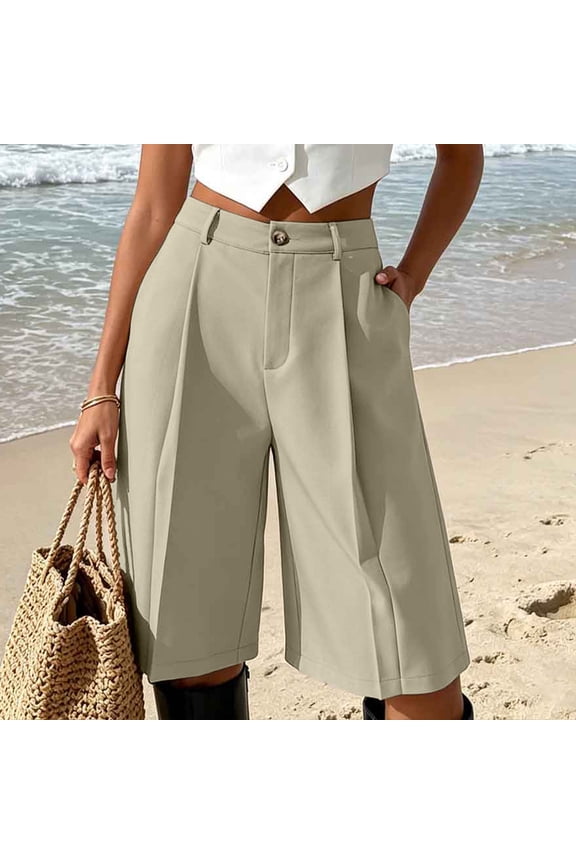 High Waisted Casual Shorts for Women Wide Leg Tailored Dress Shorts with Pockets Pleated Office Business Fashionable Bermuda Shorts