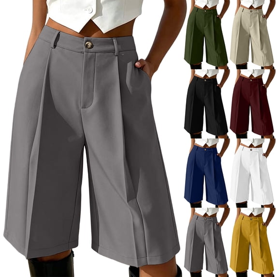 Cloaraye High Waisted Casual Shorts for Women Wide Leg Tailored Dress Shorts with Pockets Pleated Office Business Fashionable Bermuda Shorts