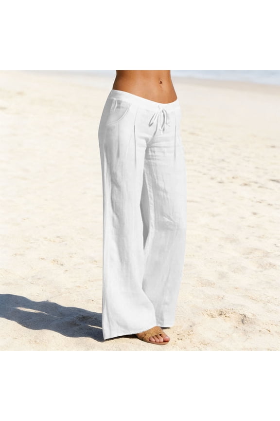 Linen Pants for Women Drawstring Elastic Waist Wide Leg Pants Low Rise Lightweight Beach Vacation Palazzo Pants with Pockets