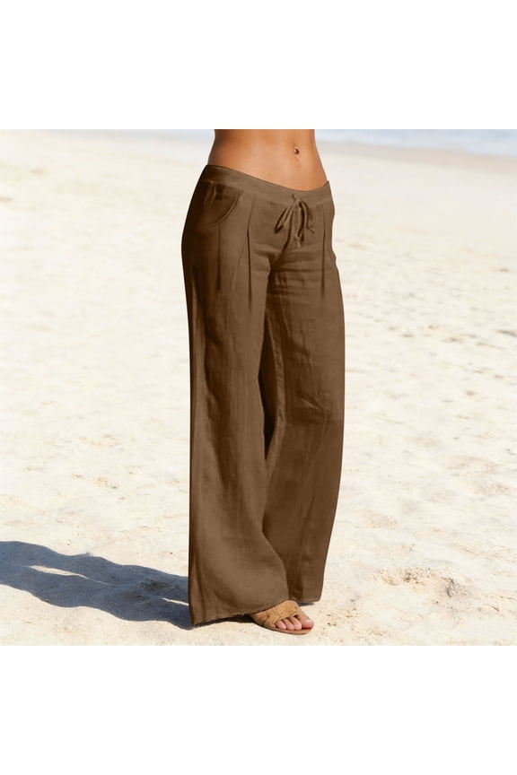 Linen Pants for Women Drawstring Elastic Waist Wide Leg Pants Low Rise Lightweight Beach Vacation Palazzo Pants with Pockets