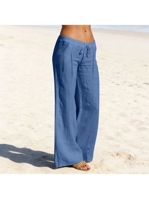 Linen Pants for Women Drawstring Elastic Waist Wide Leg Pants Low Rise Lightweight Beach Vacation Palazzo Pants with Pockets