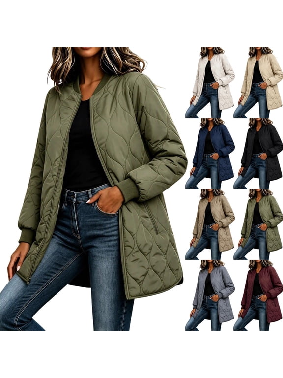 Long Coat Women Full Zipped Quilting Cotton Long Sleeve Jacket with Pockets Fall Winter Thermal Warm Clothes