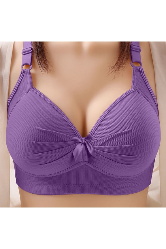 Plus Size Bras for Women High Support Adjustable Straps Wireless Bras Stretchy Ribbed Front Bow Comfortable Push Up Bras