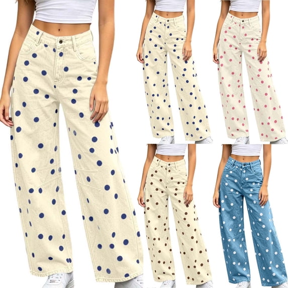 Cloaraye Plus Size Womens High Waisted Floral Printed Baggy Jeans with Pockets Fashion Ruffled Casual Wide Leg Denim Pants