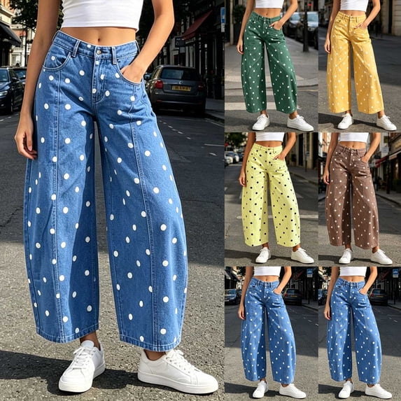 Cloaraye Denim Pants for Women High Waisted Wide Leg Barrel Jeans with Pockets Fashion Dots Printed Palazzo Pants