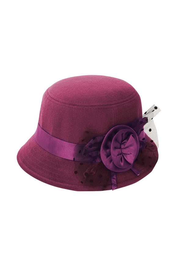Cloche Hats for Women, Audhol Women Solid Color Woolen Flower Decor Wide Brim Warm Cloche Bowler Hat Church Hats for Women 2025 Wine One Size