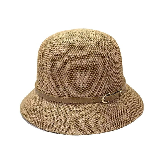 Cloche Hats for Women Women Sunhat Foldable Breathable Faux Leather Buckle Summer Hand Woven Hat Khaki