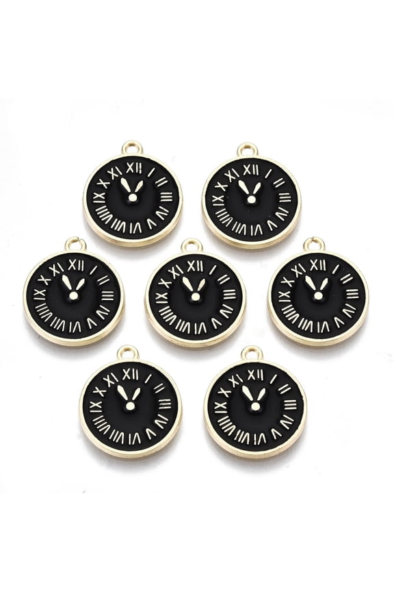 Clock Alloy Enamel Pendants Black Light golden 17x14.5x1.5mm Hole: 1.5mm