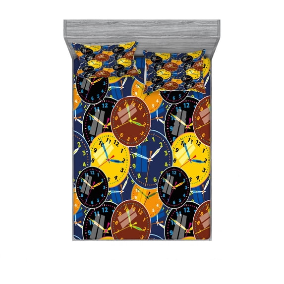 Clock Bedding Set with Sheet & Covers, Pattern Faces on It Vintage Style Inspired Illustration Design, Printed Bedroom Decor 2 Shams, 4 Sizes, Yellow and Black, by Ambesonne