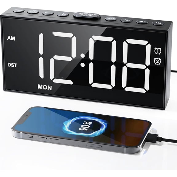 Clock for Bedroom Heavy Sleepers, Dual Alarms,Weekday//Everyday,7.5''LED Large Display,5 Dimmer,Digital Clock with Snooze, 5 Volume,Type C & USB Chargers,Snooze, Backup,Easy to Use