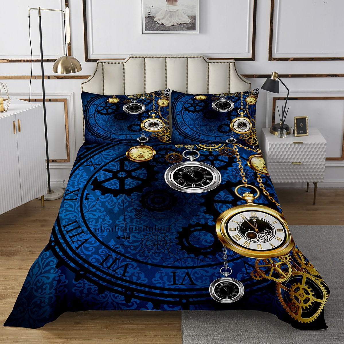 Clock Bedspread Set, Steampunk Blue Watch Quilt Set Vintage Watches ...