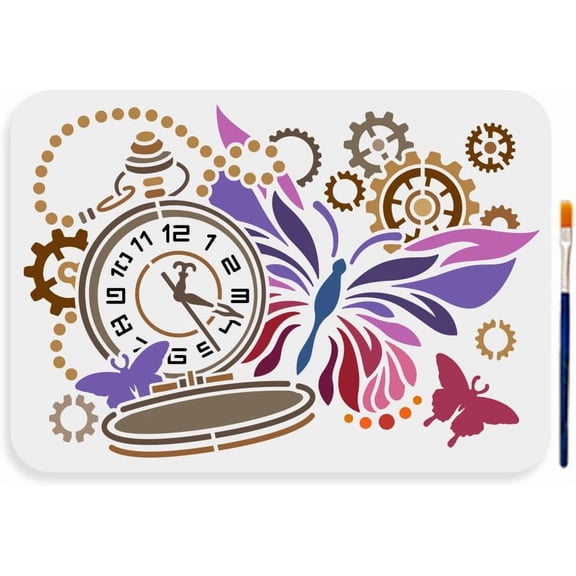 Clock Butterfly Stencil 11.78.3inch Large Gear Clock Butterfly Stencil with Paint Brush Reusable Vintage Pocket Watch Stencil for Painting on Furniture Wood Canvas Paper Wall