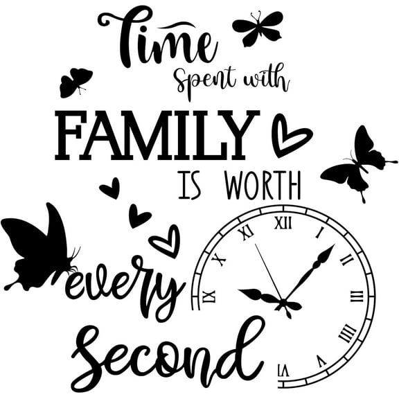 Clock Butterfly Wall Decals 35x11 Inch Time Spent with Family PVC Wall Stickers Mixed Color Wall Decals for Decorating Living Room Office Dormitory Coffee Shop Black 1pc