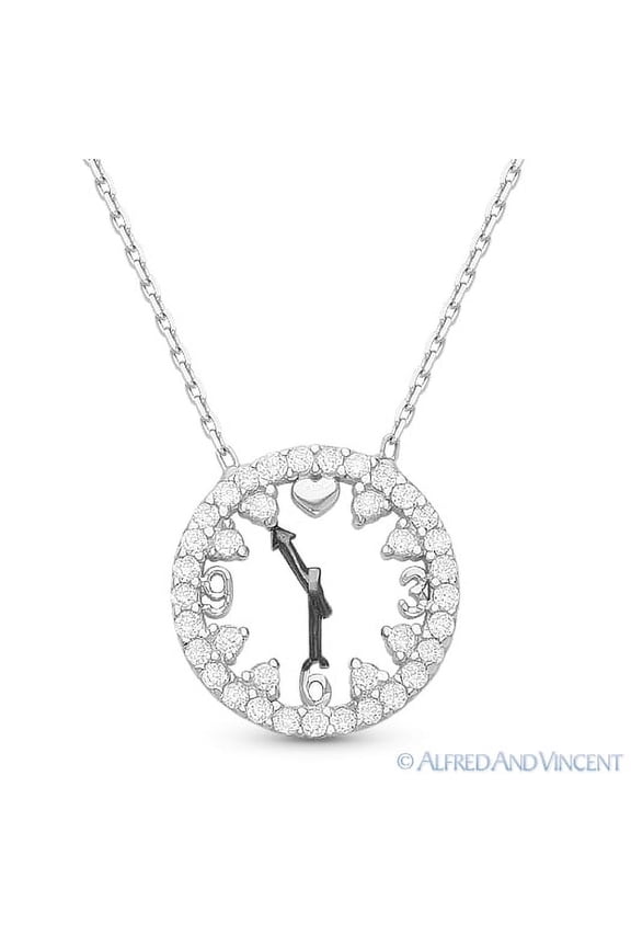 Clock Charm CZ Crystal Pendant & Chain Necklace in .925 Sterling Silver