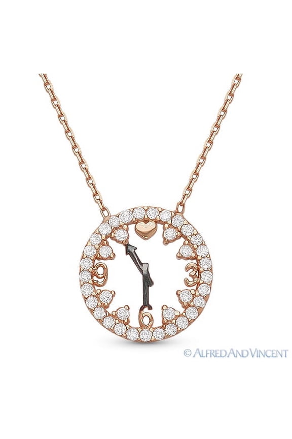 Clock Charm CZ Crystal Pendant & Chain Necklace in .925 Sterling Silver